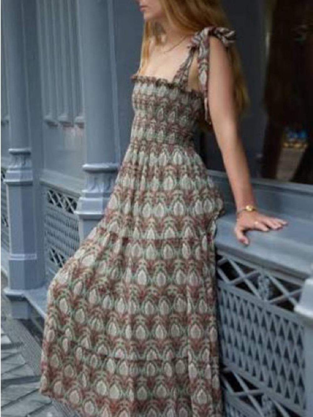 Hill House Ribbon Ellie Smocked Midi Dress in Pinecone Sage & Rust